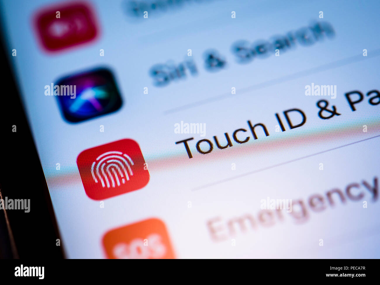 Touch ID et réglages de code affiché sur un iPhone, iOS, smartphone, écran, close-up, détail, Allemagne Banque D'Images