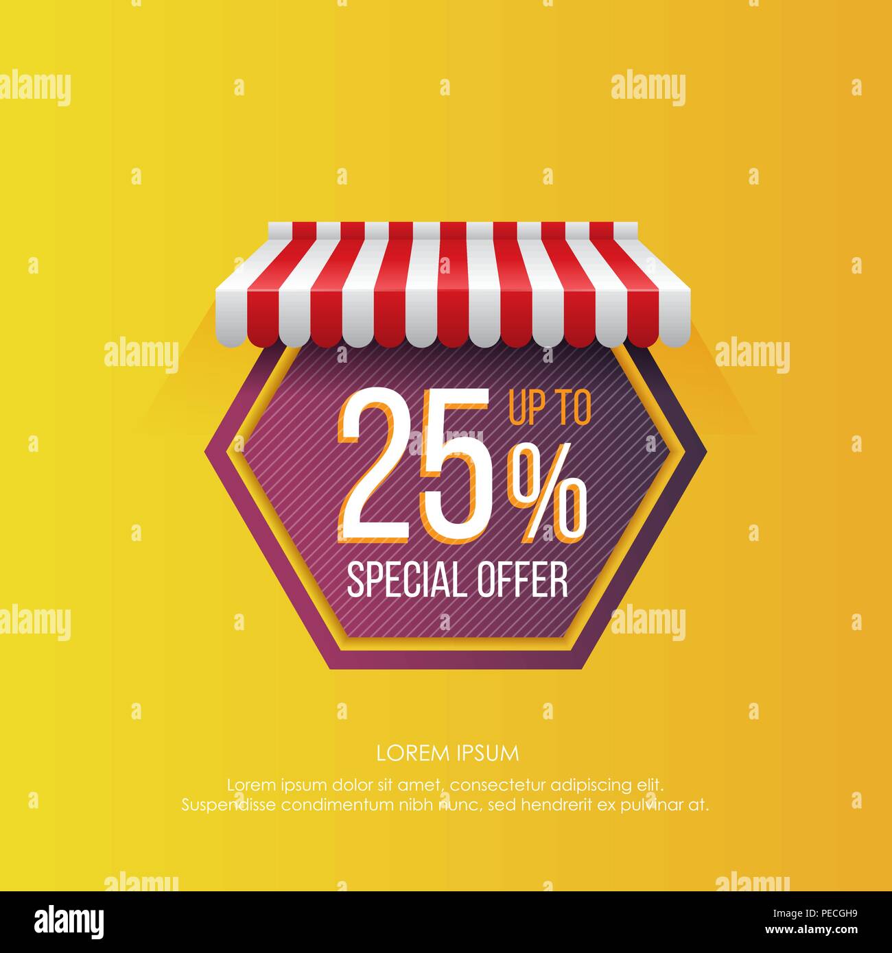 Design lumineux de balise dans la figure hexagonale forme avec la promotion de l'offre spéciale ventes jusqu'à 25 % sur fond jaune vif Illustration de Vecteur