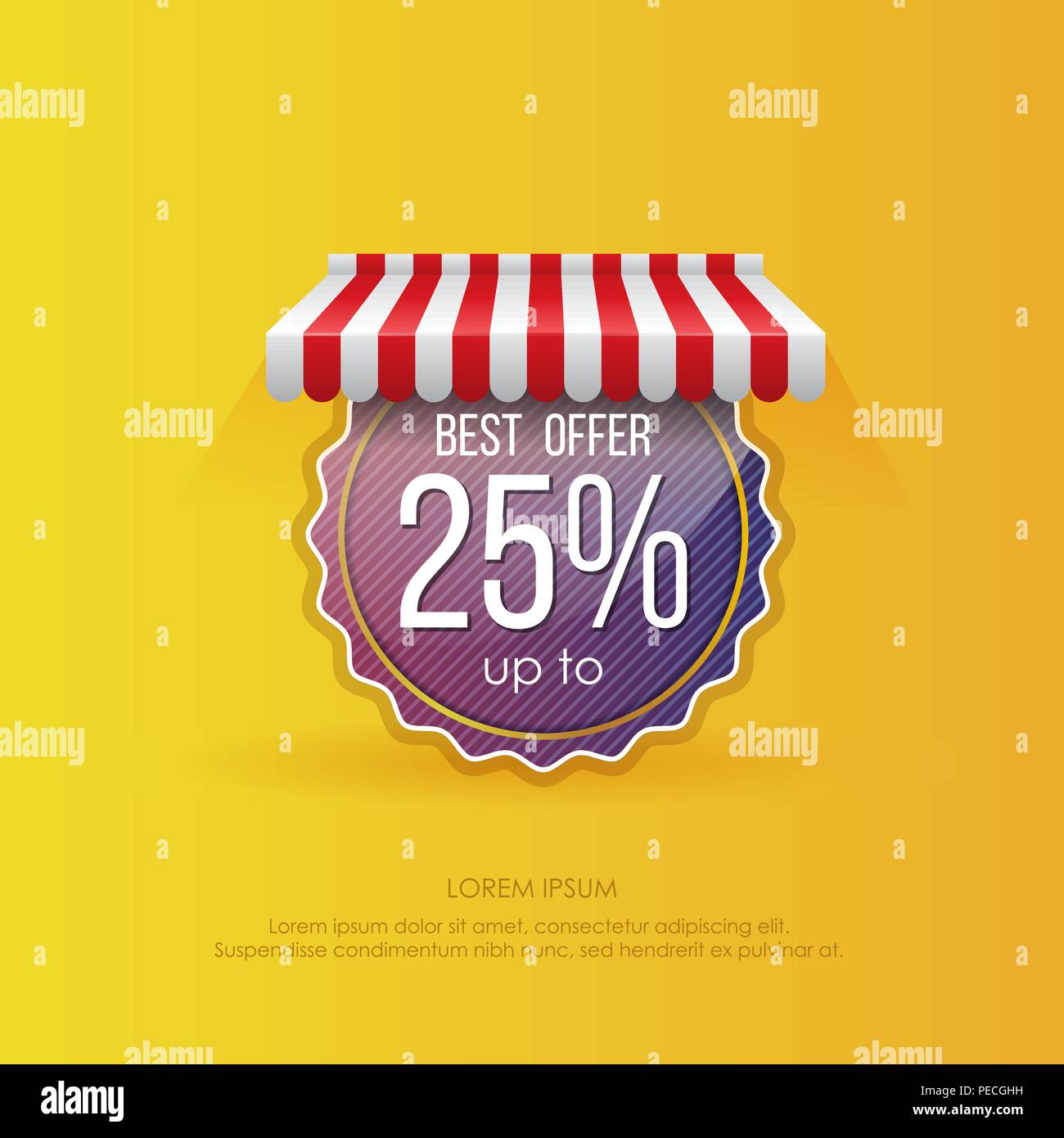 Vivid vecteur de publicité autocollant rond meilleure offre jusqu'à 25 % sous tente à rayures sur fond jaune vif Illustration de Vecteur