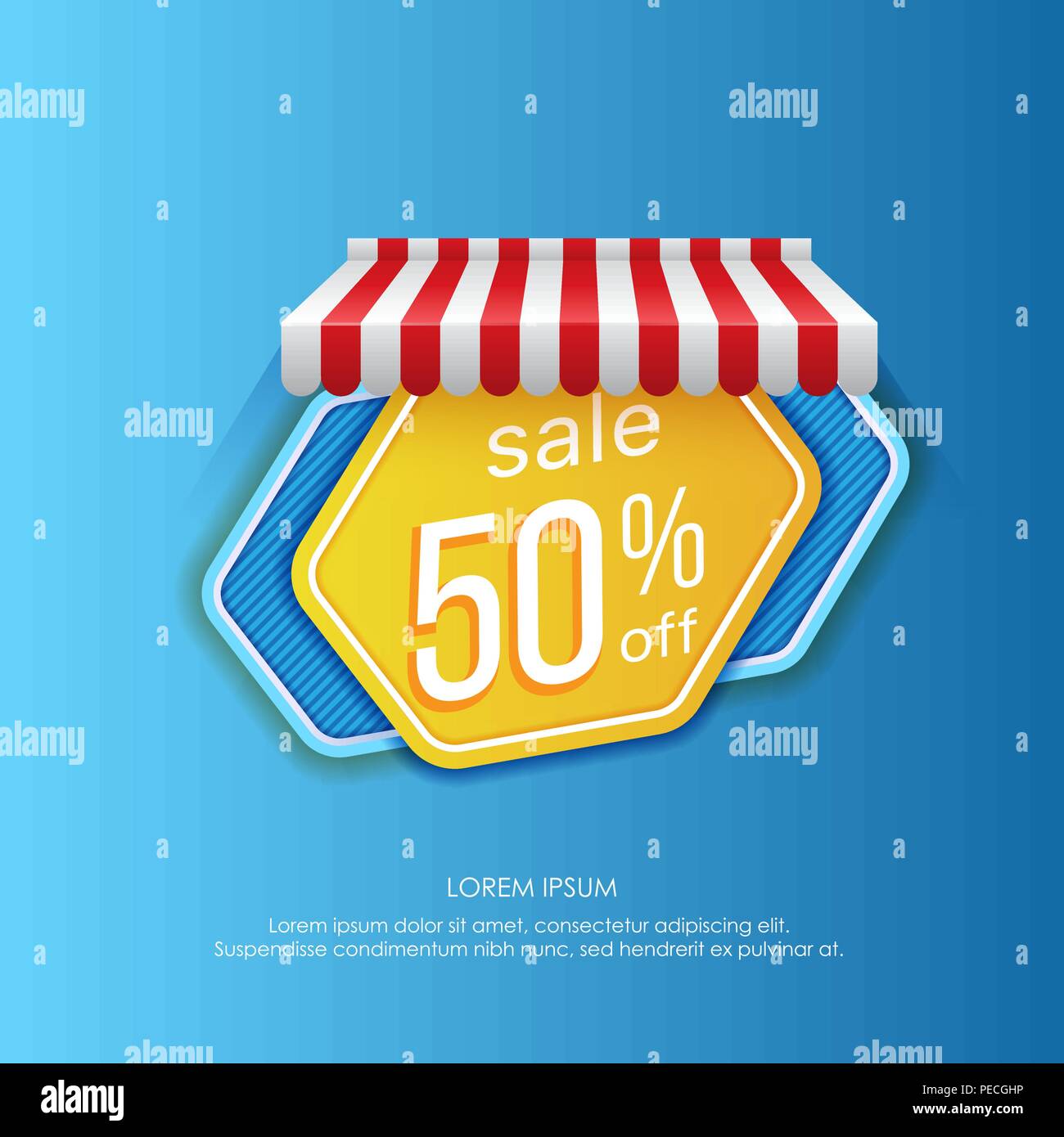 Design lumineux de carte publicitaire montrant la vente jusqu'à 50  % sur l'hexagone vives forme autocollant sur fond bleu Illustration de Vecteur