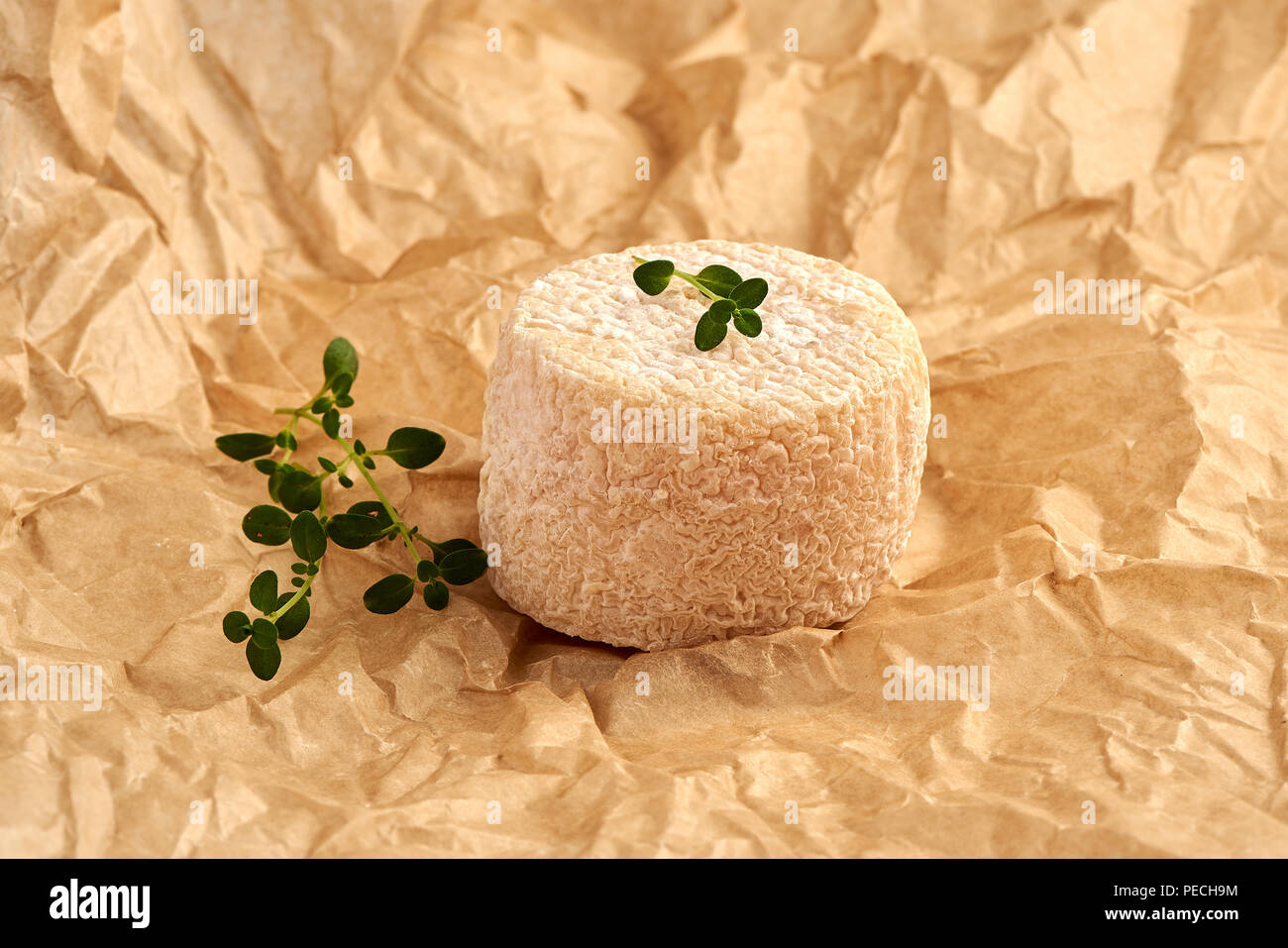 Fromage Crottin de feuilles de thym sur papier marron. Banque D'Images