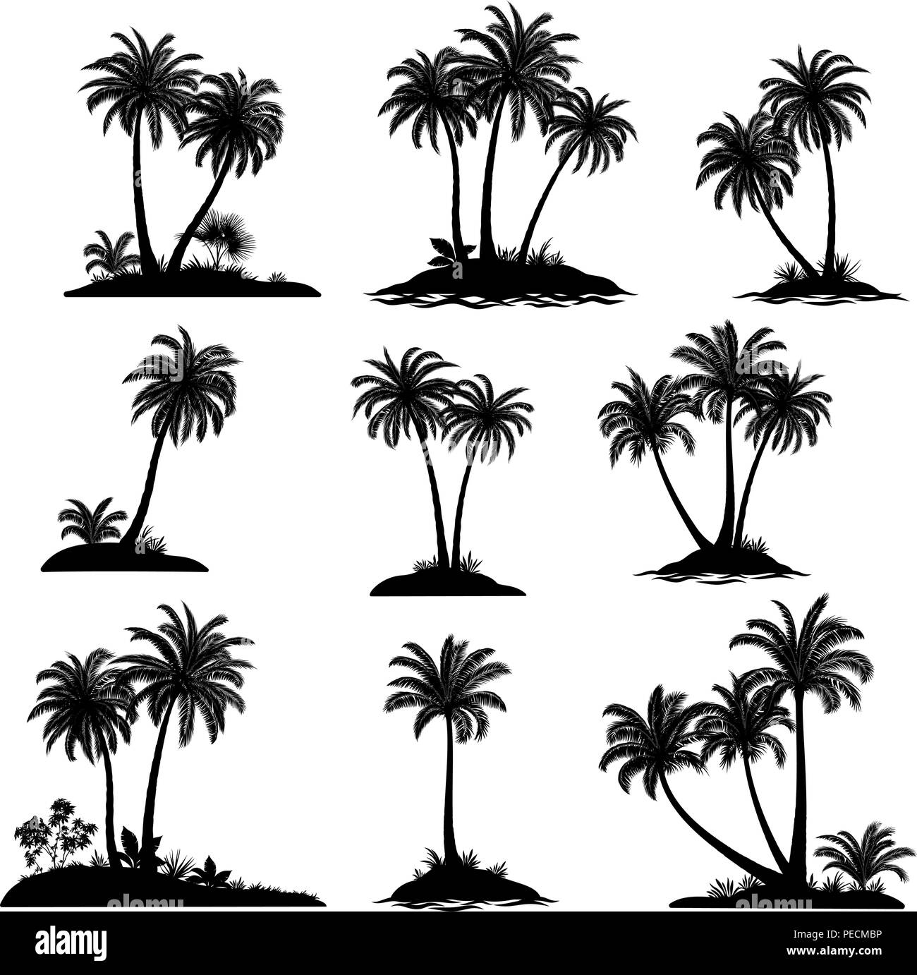 Définir des paysages exotiques, des îles de la mer avec des palmiers, des plantes tropicales et de l'herbe silhouettes noires isolé sur fond blanc. Vector Illustration de Vecteur