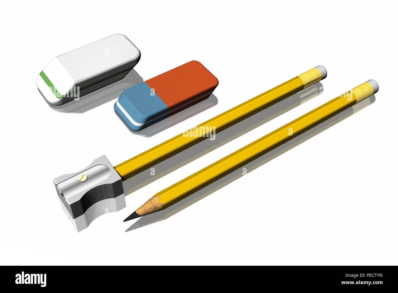 3D illustration. Fournitures de bureau : crayons, taille-crayon, gomme. Banque D'Images