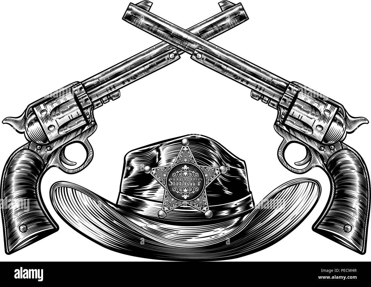 Pistolets croisés et chapeau de cowboy avec Sheriff Star Illustration de Vecteur