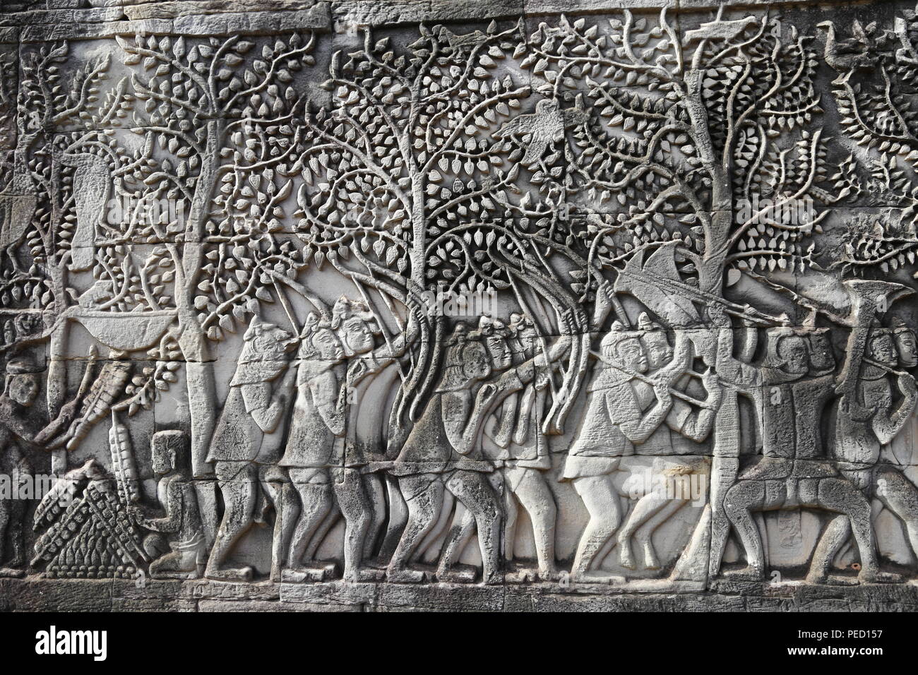 Bas-relief, le temple Bayon, Siem Reap, Cambodge Banque D'Images