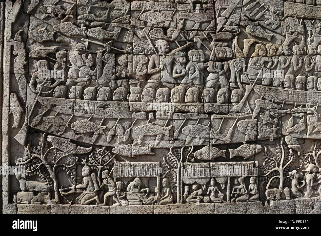 Bas-relief, le temple Bayon, Siem Reap, Cambodge Banque D'Images