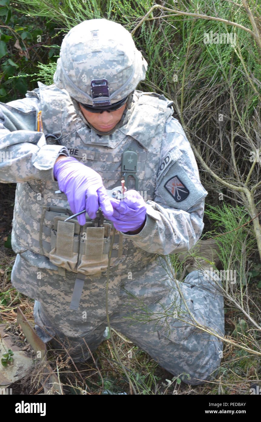 Des soldats américains affectés au 720e Explosive Ordnance Disposal Company a aidé la Bundeswehr dans la zone d'entraînement militaire de Baumholder dans la détection et l'enlèvement des munitions non explosées qui avait été déclenché dans le domaine de la formation. Les soldats ont eu la possibilité d'exercer leurs compétences et de travailler sur les nations étrangères' de munitions, d'inclure et de 155 mm d'artillerie à 8 dans (U.S. Photo de l'armée par Visual Spécialiste de l'information, Erich Backes/relâché). Banque D'Images