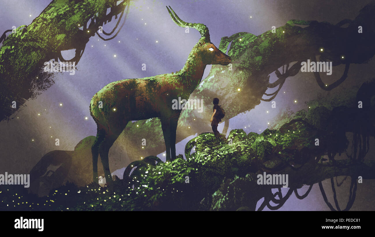 Jeune randonneur trouvés cerf géant statue recouverts de mousse et de lichen en voyage dans la forêt, art numérique, peinture style illustration Banque D'Images