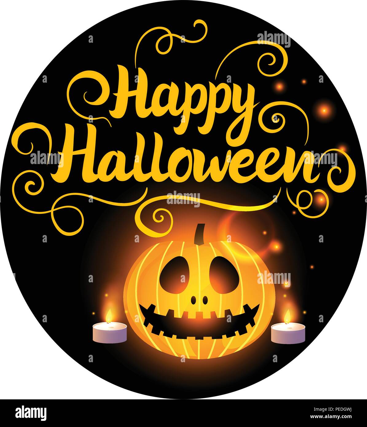 Happy Halloween design. Jack la lanterne citrouille et des bougies rougeoyant. Vector illustration sur fond noir autocollant rond. Illustration de Vecteur