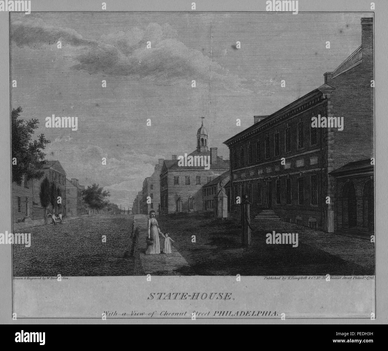 Gravure en noir et blanc de la ville de Philadelphie, dans les années 1800, représentant une femme et enfant, debout au milieu d'un vaste vide, route, avec coloniaux dans l'arrière-plan, sous-titrées "état-chambre avec vue sur Chestnut Street, Philadelphie, ' dessiné et gravé par W Birch et Fils, et publié à Philadelphie par R Campbell, 1841. À partir de la Bibliothèque publique de New York. () Banque D'Images