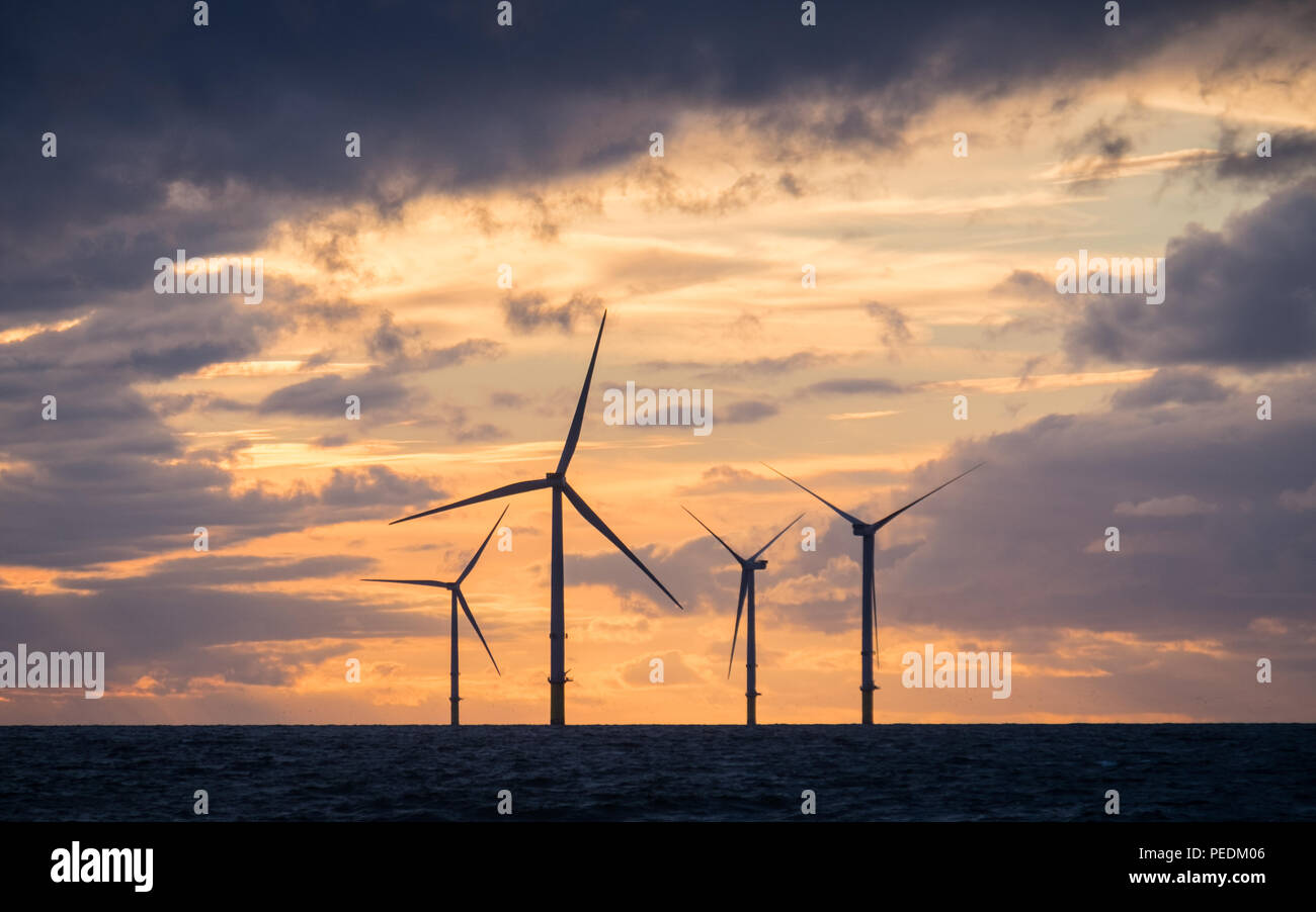 Crépuscule aux éoliennes du parc éolien offshore Walney Extension Banque D'Images
