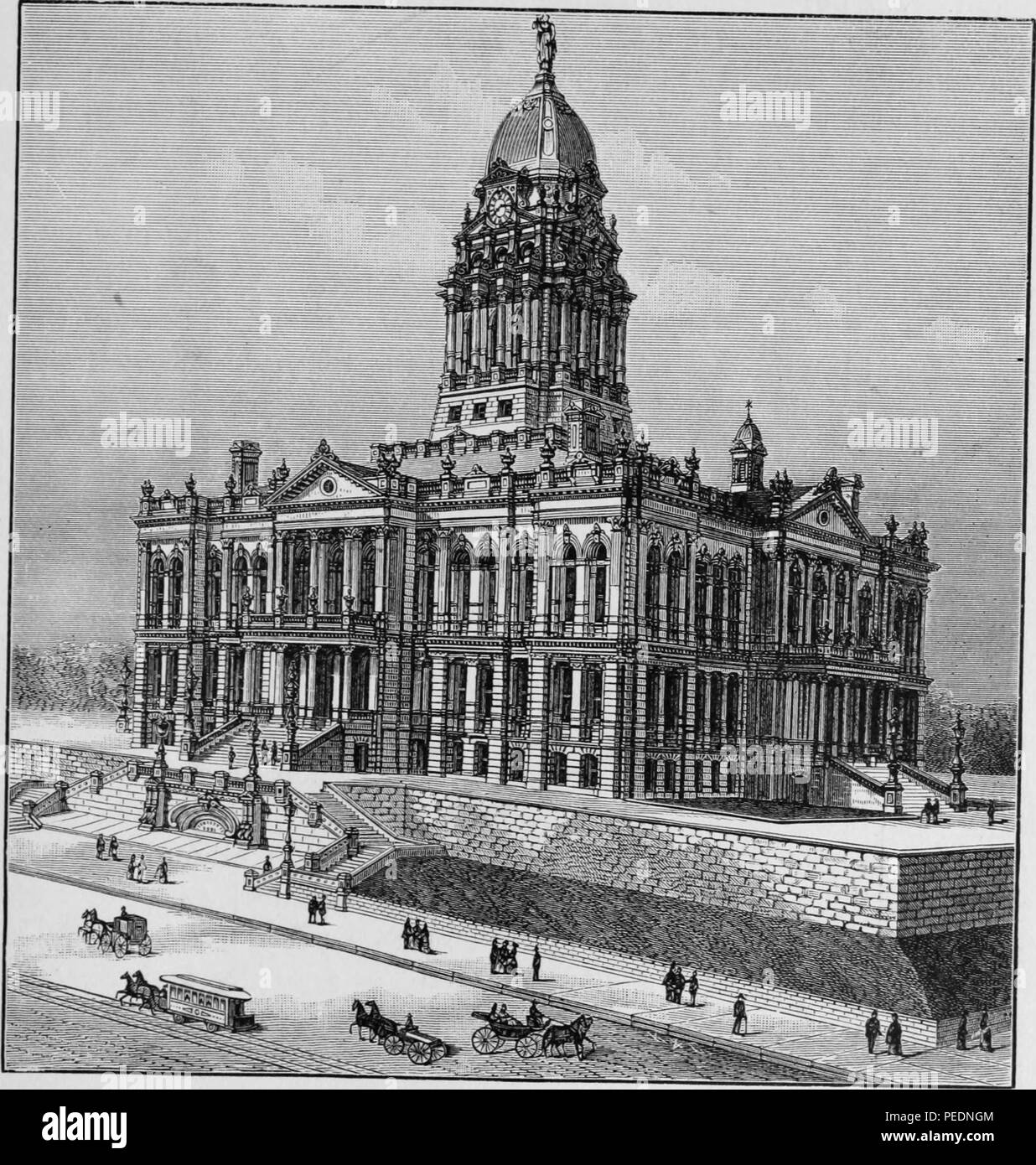 Noir et blanc illustrant une vue oblique du palais de justice du comté de Douglas, a multi-level structure style renaissance Française avec un grand dôme et élégant escalier, situé à Omaha, Nebraska, 1887. Avec la permission de Internet Archive. () Banque D'Images