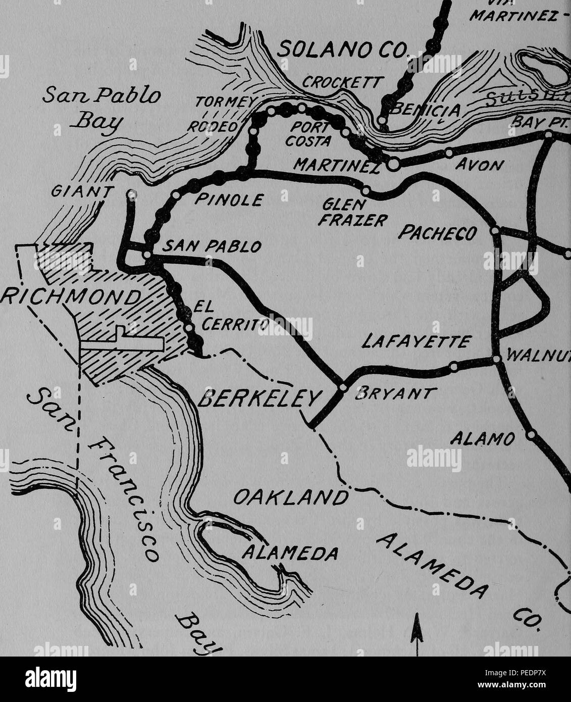 Le noir et blanc l'autoroute carte montrant le début du 20e siècle et de la route de comté de l'état dans les systèmes de comté de Contra Costa, en Californie, 1920. Avec la permission de Internet Archive. () Banque D'Images