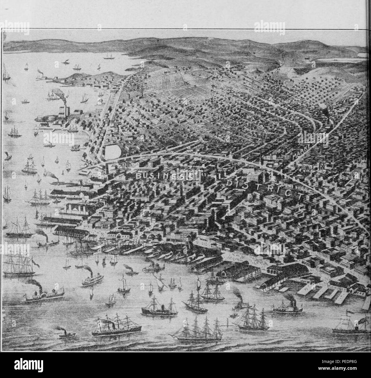 Photographie noir et blanc représentant une vue du port et du quartier des affaires de San Francisco avant les destructions causées par le séisme et les incendies de 1906, 1906. Avec la permission de Internet Archive. () Banque D'Images