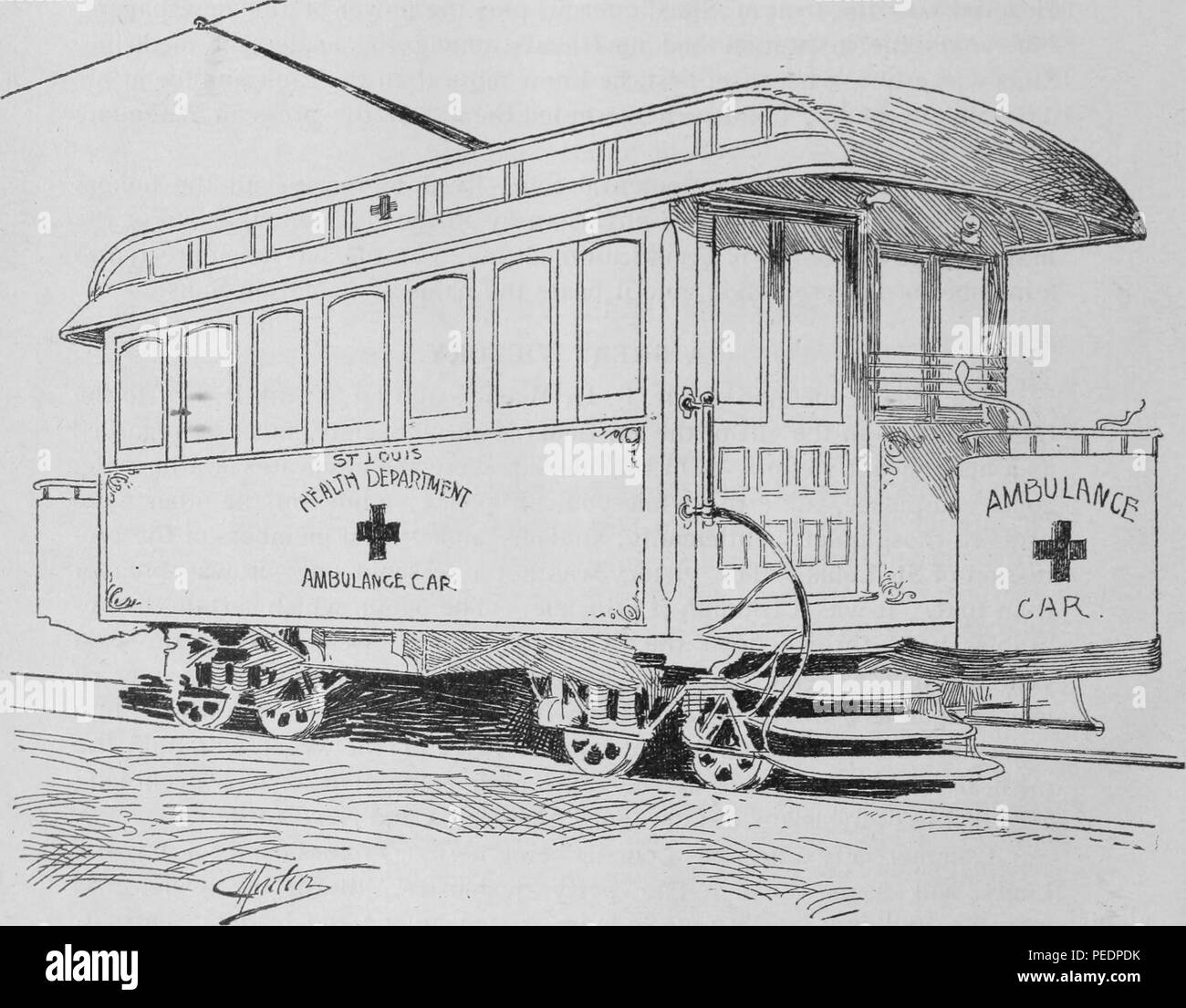 Noir et blanc illustrant le premier 'Electric Ambulance, ' un téléphérique utilisé dans le seul but de transporter des patients, utilisé par St Louis, Missouri, le ministère de la Santé et publié dans James Moores Ball's 'Tri-State Medical Journal", 1895. Avec la permission de Internet Archive. () Banque D'Images