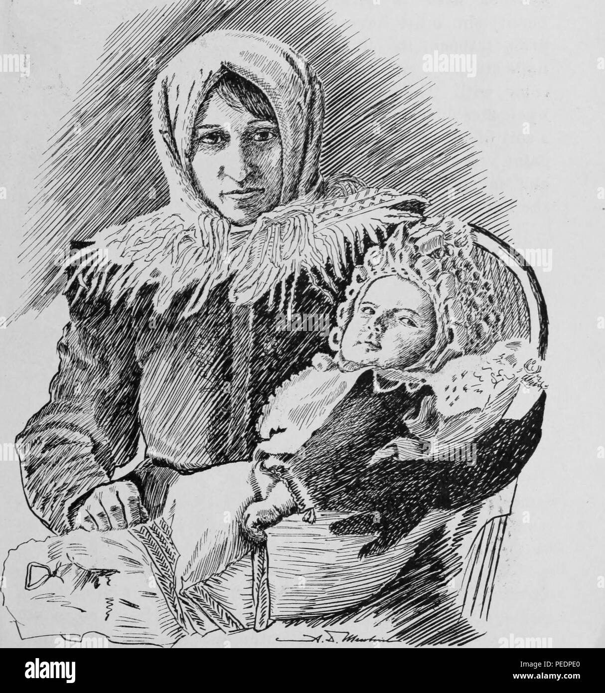 Photographie noir et blanc représentant une image du début du xxe siècle d'une mère hongroise et de l'enfant, ' la mère portant un foulard, châle, et des vêtements chauds, fait face à l'observateur et de contrepoids un bébé fourni, qui porte un dossard, et une coiffe ou capuchon qui est à la fois décoratif et fonctionnel, publiée dans le volume "Pédiatrie", 1902. Avec la permission de Internet Archive. () Banque D'Images