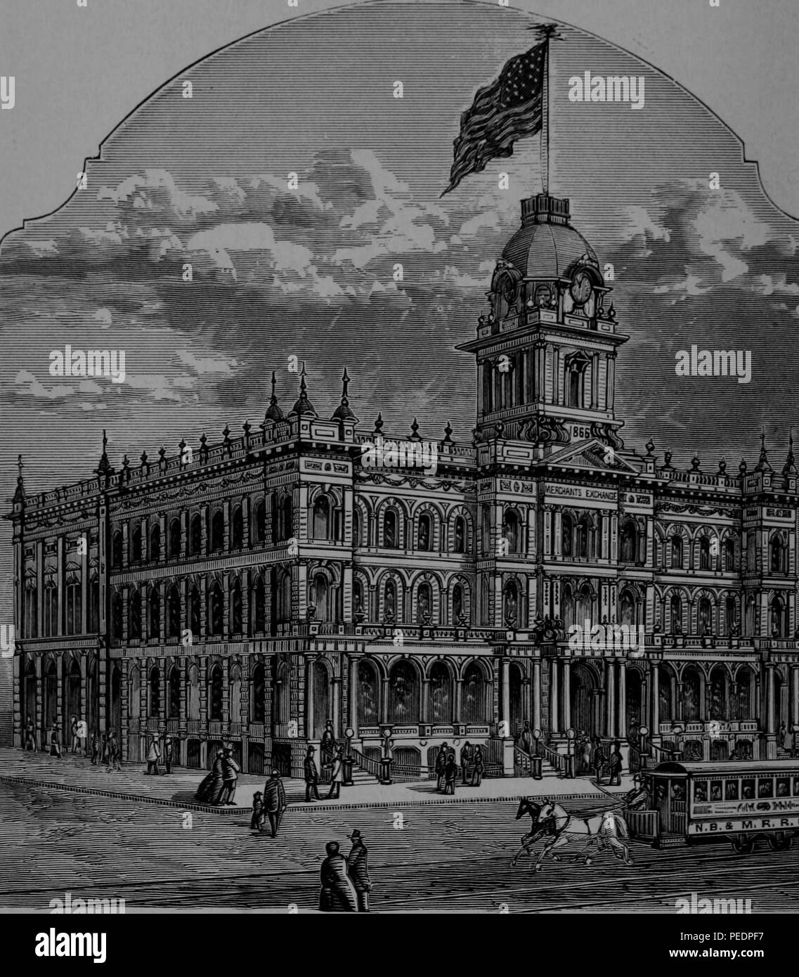 Photographie noir et blanc représentant le deuxième échange du marchand, un bâtiment de trois étages, d'un style Beaux-Arts structure avec une tour construite dans le but d'observer les navires, situé sur la rue de la Californie à San Francisco, Californie, USA, publiée dans le volume "Les industries de San Francisco, son rang, des ressources, des avantages, des échanges, du commerce et, fabrique, les conditions du passé, présent et futur, représentant des institutions industrielles, historique, descriptif, et des statistiques, 1884. Avec la permission de Internet Archive. () Banque D'Images