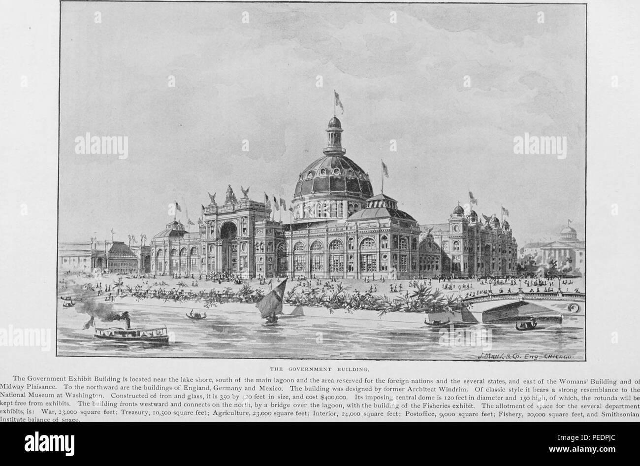 Photographie noir et blanc représentant le gouvernement des États-Unis, un renouveau classique avec une structure de 150 pieds de haut dôme octogonal, construit pour l'Exposition Universelle colombienne aka la Foire mondiale de Chicago, situé à Chicago Illinois, USA, 1891. Avec la permission de Internet Archive. () Banque D'Images
