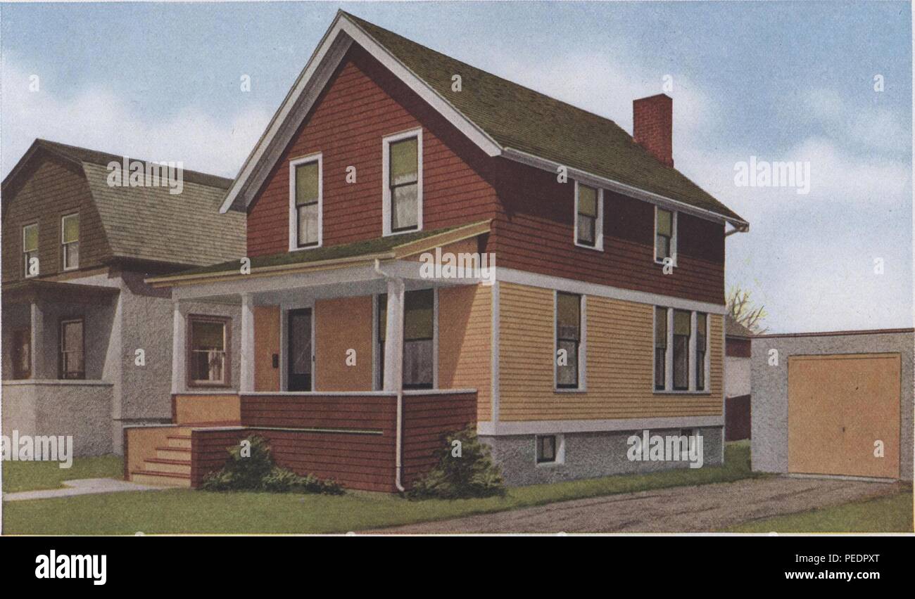 Impression couleur illustrant "Le Angleway, ' un deux étages, rouge et ocre, constructeurs de maison, fabriqué par systèmes de Sterling, et représenté dans une banlieue, avec un garage détaché d'un côté, 1916. Avec la permission de Internet Archive. () Banque D'Images