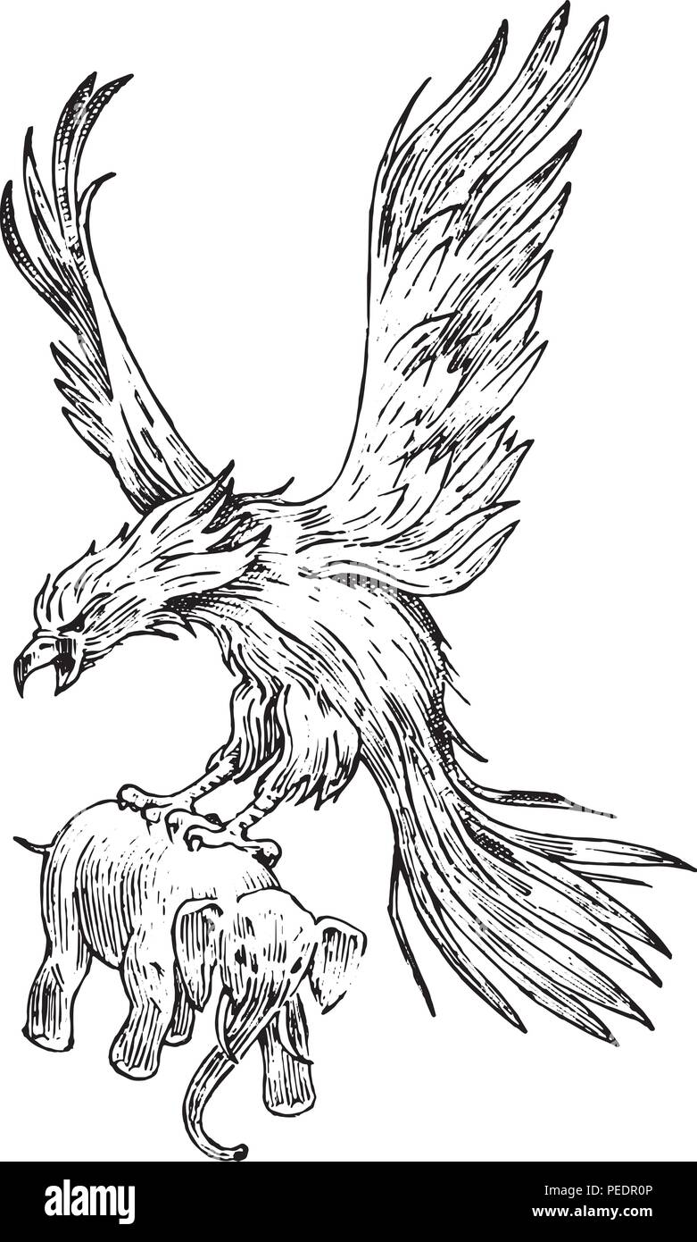 Phoenix mythique Oiseau de feu ou un roc. La mythologie antique, l'animal, créature dans l'ancien style vintage. Eagle avec un éléphant. Vieux croquis dessinés à la main, gravée. Illustration de Vecteur