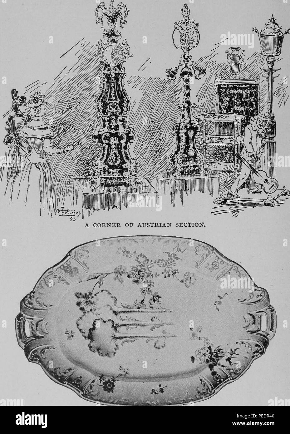 Noir et blanc illustrant une exposition au pavillon de l'Autriche (en haut) avec une paire de femmes en robe victorienne ornée à des objets d'art, y compris une imposante horloge baroque au premier plan, avec une sauce (en bas) avec un délicat motif floral, à la fois sur la vue à l'Exposition Universelle colombienne (aka la Foire mondiale de Chicago) et publiés dans "The World's Columbian Exposition, Chicago, 1893', 1893. Avec la permission de Internet Archive. () Banque D'Images