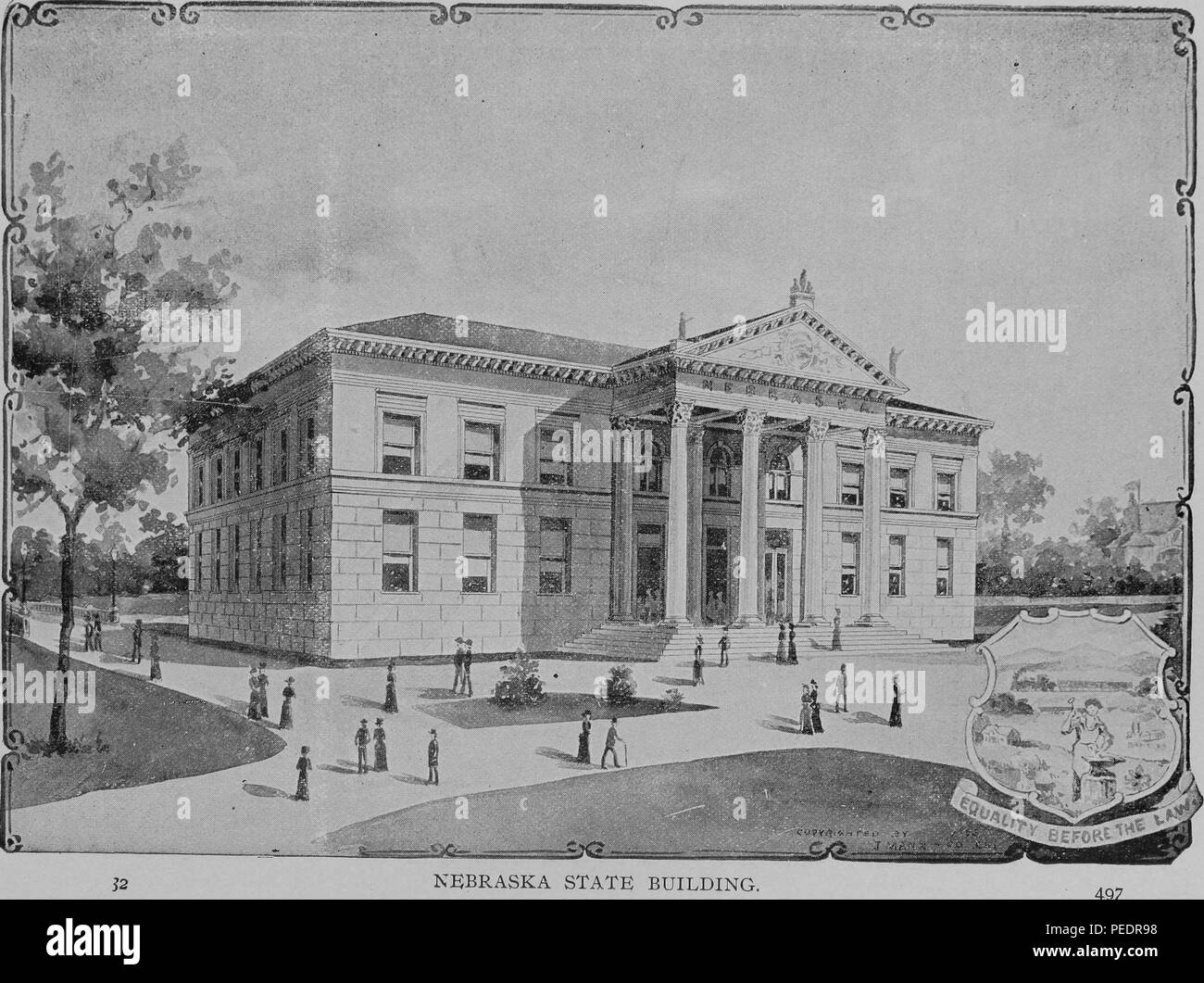 Noir et blanc illustrant le Nebraska State Building, construit dans un style néo-classique, avec un portique à pignons menés sur quatre piliers, par l'architecte Henry Omaha Voss pour l'Exposition Universelle colombienne (aka la Foire mondiale de Chicago) publiés dans "The World's Columbian Exposition, Chicago, 1893', 1893. Avec la permission de Internet Archive. () Banque D'Images