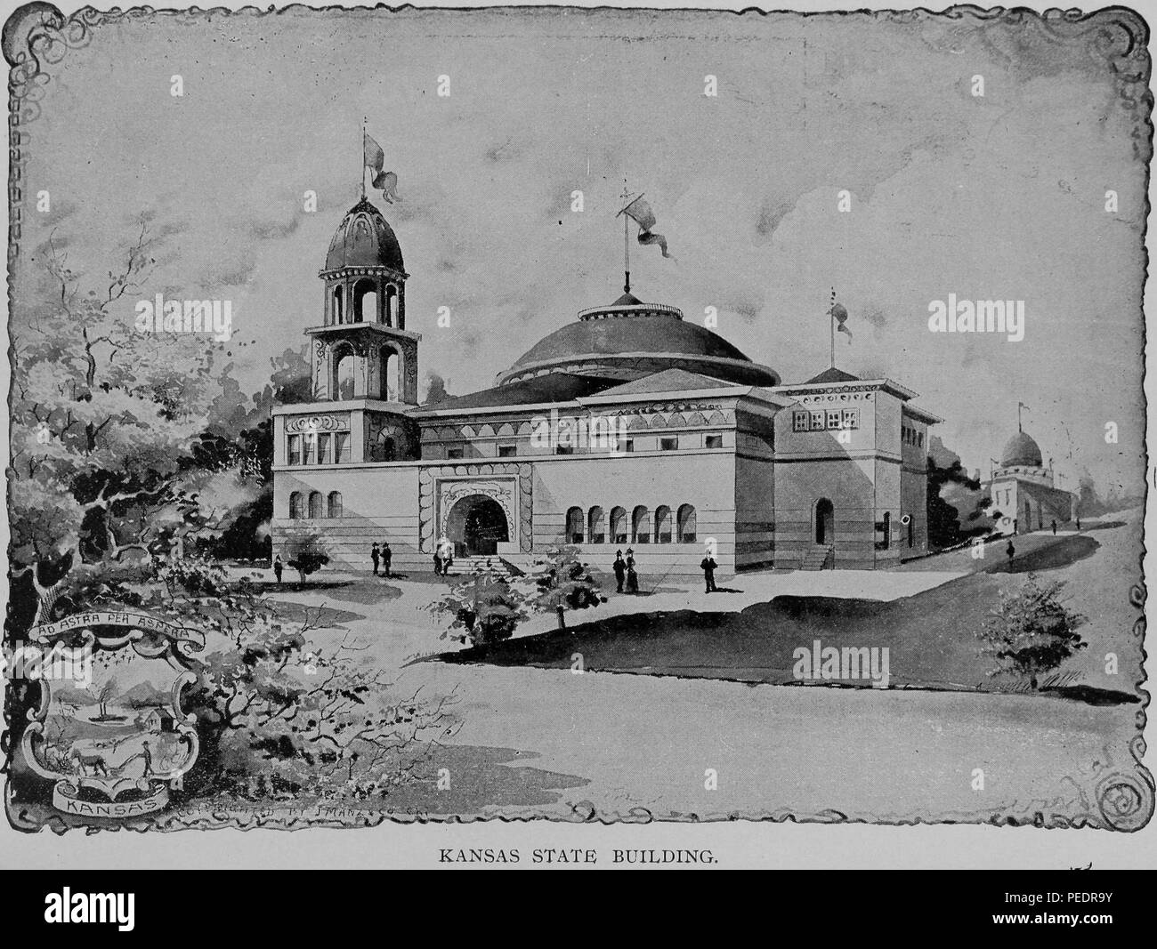 Noir et blanc illustrant le Kansas State Building, construit sur un plan cruciforme, avec une grande coupole centrale, par l'architecte de Topeka Seymour Davis, pour l'Exposition Universelle colombienne (aka la Foire mondiale de Chicago) publiés dans "The World's Columbian Exposition, Chicago, 1893', 1893. Avec la permission de Internet Archive. () Banque D'Images