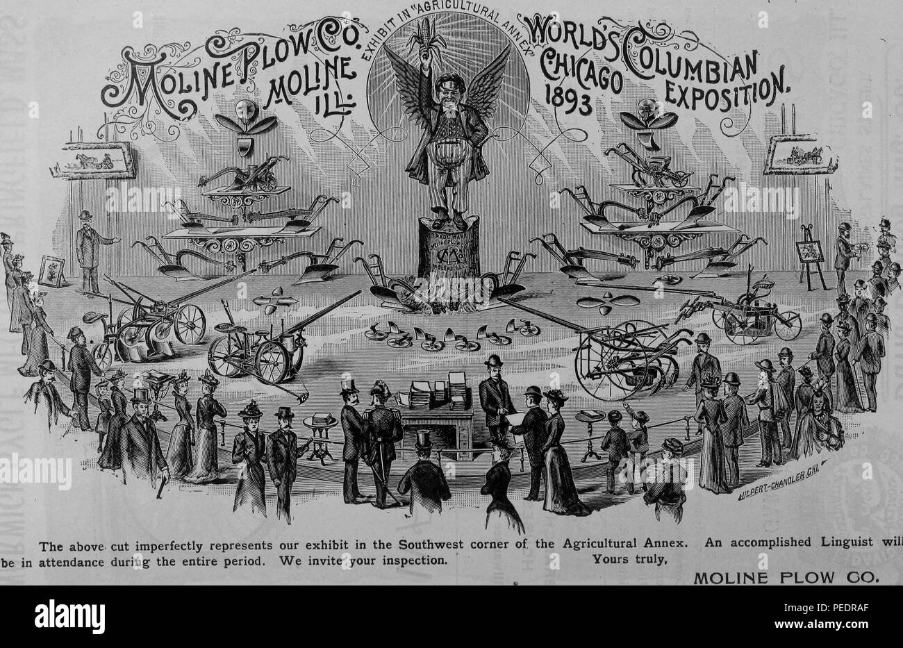 Noir et blanc la publicité Moline Plow Company, un fabricant de charrue de Moline, Illinois qui présentait plusieurs produits agricoles dans l'annexe à la World's Columbian Exposition aka la Foire mondiale de Chicago, situé à Chicago dans l'Illinois, aux Etats-Unis, publiés dans "l'annuaire officiel de la World's Columbian Exposition", 1893. Avec la permission de Internet Archive. () Banque D'Images