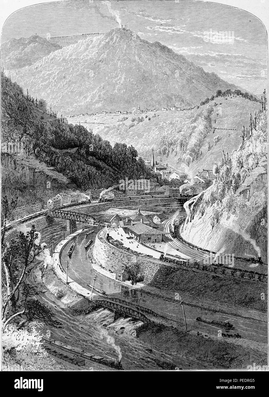 Tirage d'époque en noir et blanc illustrant une vue de la Lehigh River, la Lehigh Coal and Navigation Company's Mauch Chunk et Summit Hill Railway, et la ville de "chunk" auch (maintenant appelé 'Jim Thorpe') niché dans les gorges de Lehigh, avec Mount Pisgah dans l'arrière-plan, situé dans le County, Pennsylvania, États-Unis, publié dans William Cullen Bryant's edited volumes 'Amérique pittoresque ; ou, le pays dans lequel nous vivons", 1872. Avec la permission de Internet Archive. () Banque D'Images