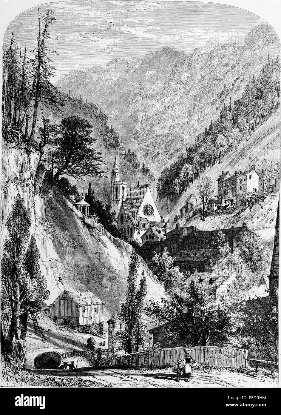Tirage d'époque en noir et blanc illustrant un avis de plusieurs personnes marchant sur une route menant de la petite ville de "chunk" auch (maintenant appelé 'Jim Thorpe') niché la Lehigh Gorge avec Mount Pisgah dans l'arrière-plan, situé dans le County, Pennsylvania, États-Unis, et publié dans William Cullen Bryant's edited volumes 'Amérique pittoresque ; ou, le pays dans lequel nous vivons", 1872. Avec la permission de Internet Archive. () Banque D'Images