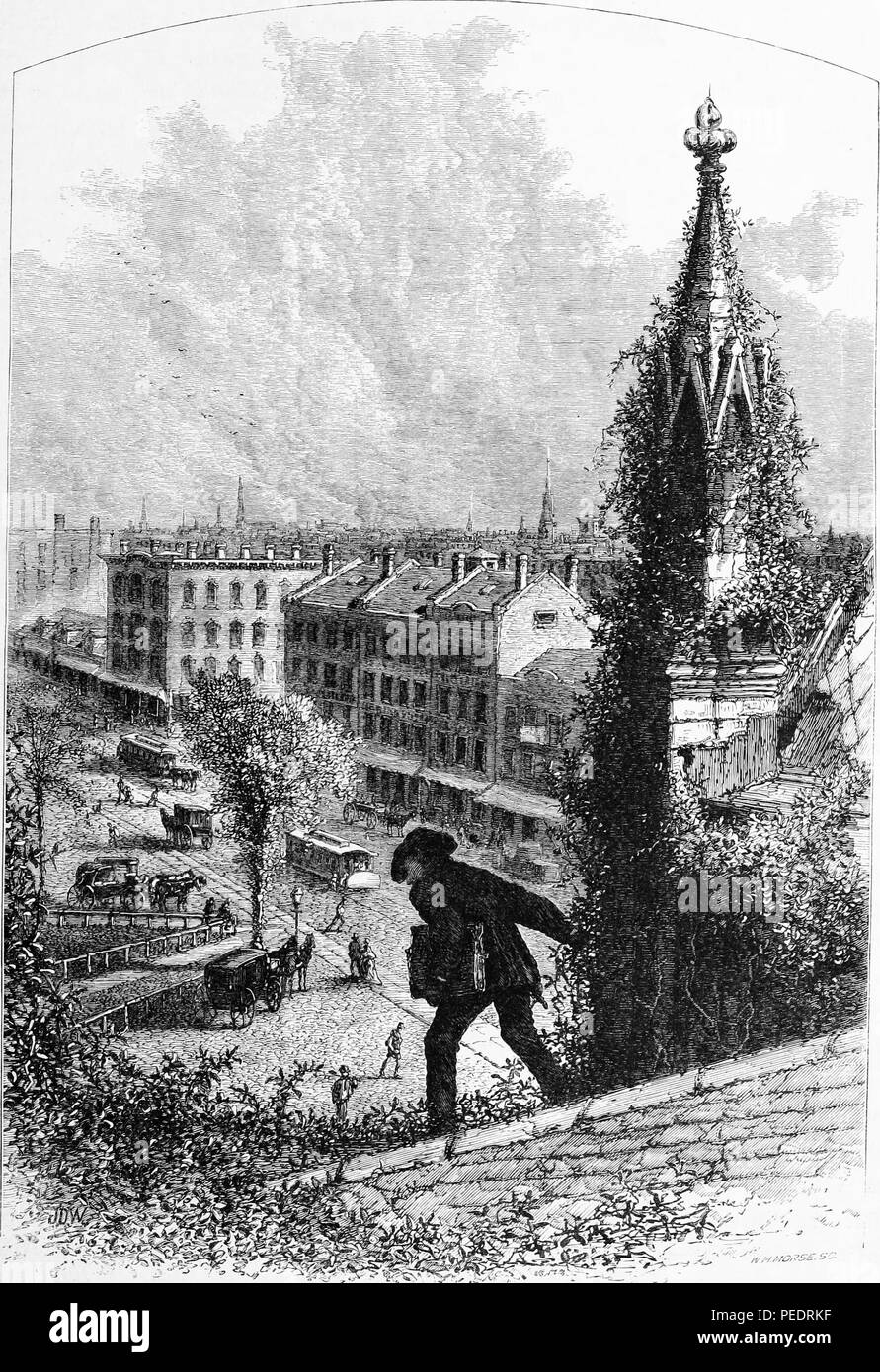 Tirage d'époque en noir et blanc d'un homme marchant sur une très forte pente, à côté de l'église St Paul, Rue Principale avec en arrière-plan, situé dans la ville de Buffalo, New York, USA, publié dans William Cullen Bryant's edited volumes 'Amérique pittoresque ; ou, le pays dans lequel nous vivons", 1872. Avec la permission de Internet Archive. () Banque D'Images