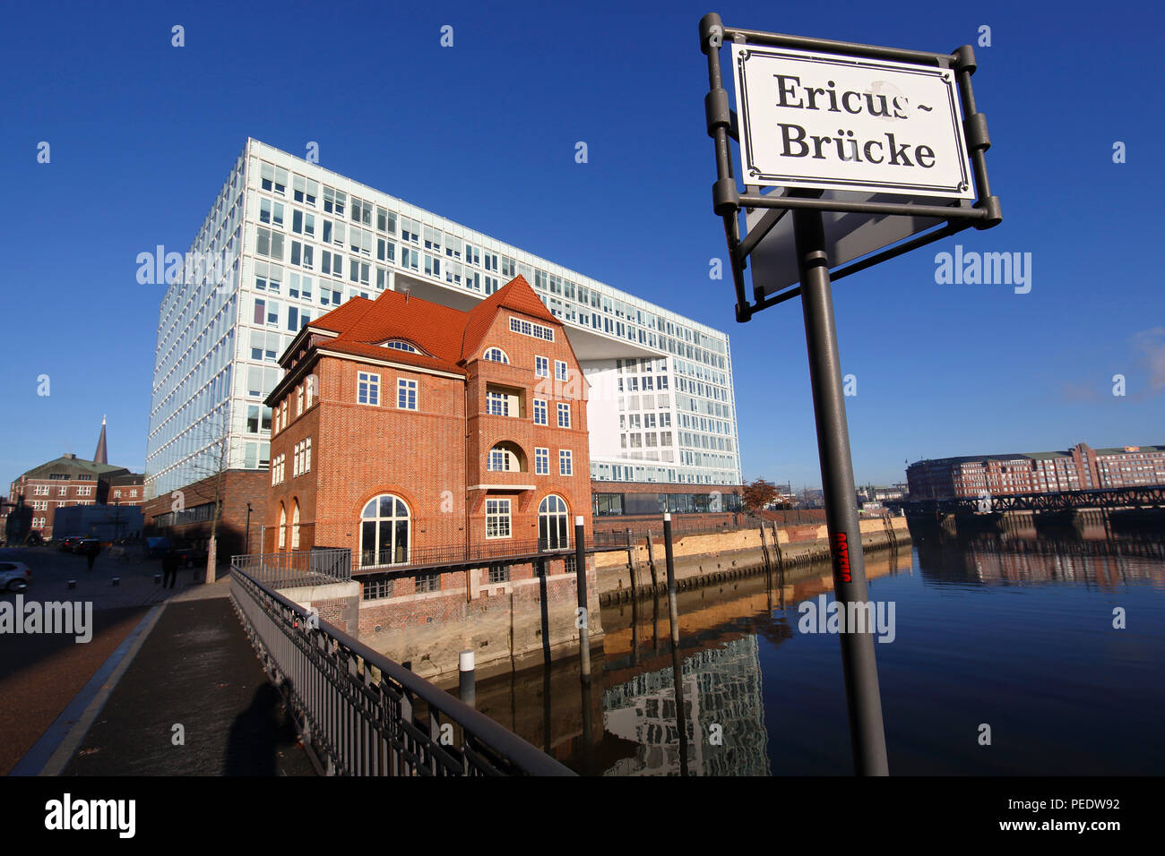 , Ericus-Contor Spiegel-Verlagshaus, Altes Zollhaus, Ericusspitze, Hafencity, Hansestadt Hamburg, Deutschland, Ericus-Bruecke Ericus-Brücke, Banque D'Images