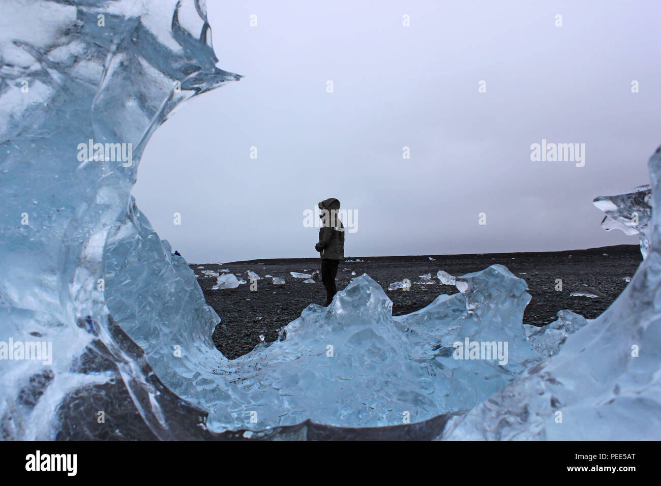 Silhouette à travers les icebergs sur la plage du diamant, de l'Islande. Banque D'Images Silhouette à travers les icebergs sur la plage du diamant, de l'Islande. Banque D'Images