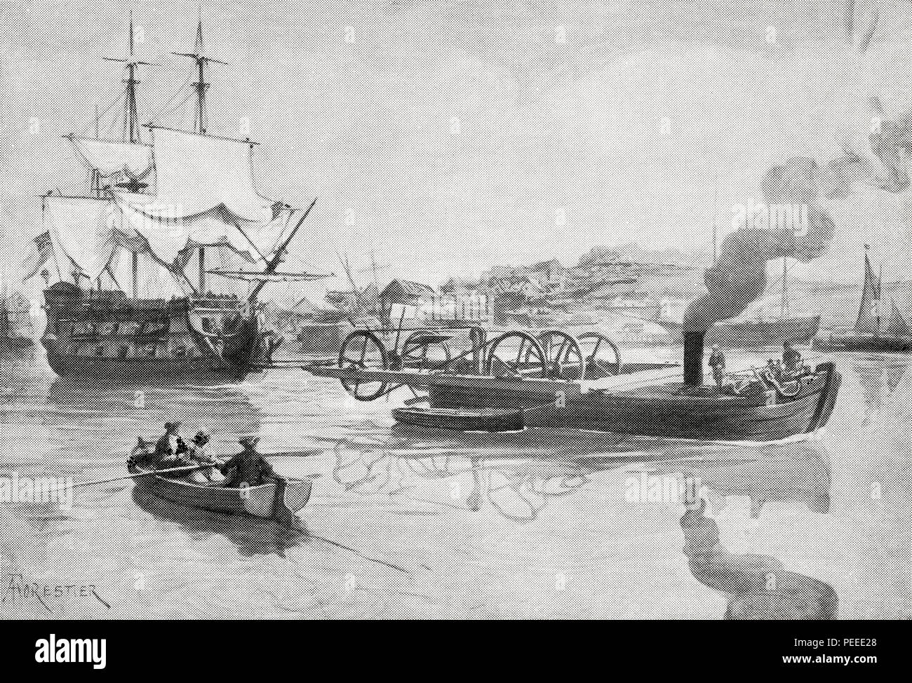 L'un des premiers bateaux à vapeur, Jonathan coques remorqueur à vapeur, 1737. Du livre de navires, publié vers 1920. Banque D'Images