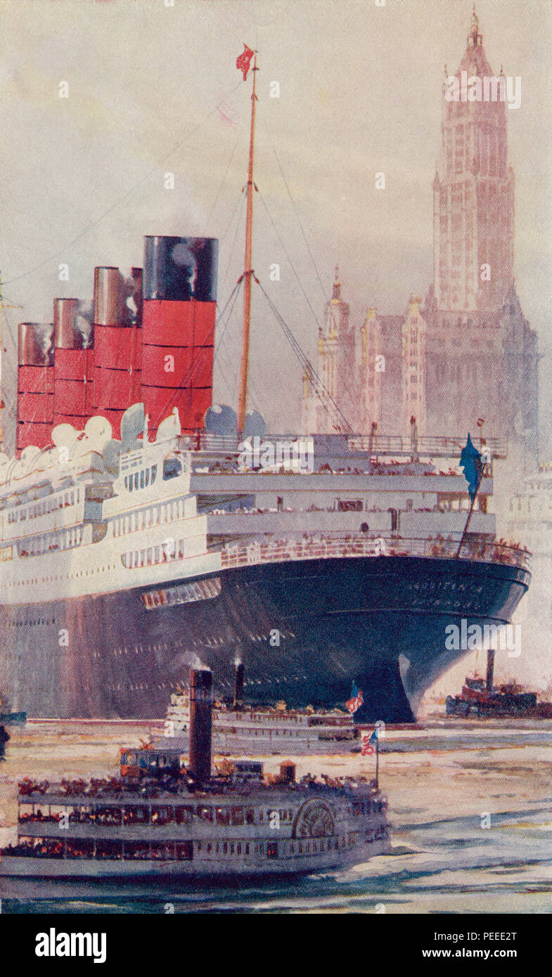 Le paquebot britannique Lusitania RMS sur l'Hudson, New York en 1909, au cours de l'Hudson-Fulton célébration. Du livre de navires, publié vers 1920. Banque D'Images