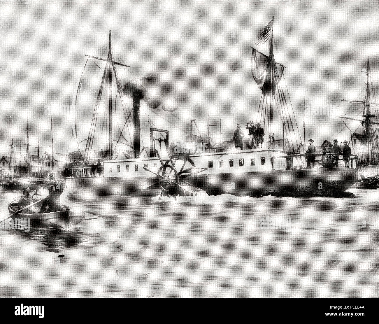 Robert Fulton navire à vapeur de la rivière North Steamboat ou Rivière du Nord, alias Le Clermont. Il navigua 150 milles en 32 heures sur son voyage d'essai en 1807. Du livre de navires, publié vers 1920. Banque D'Images
