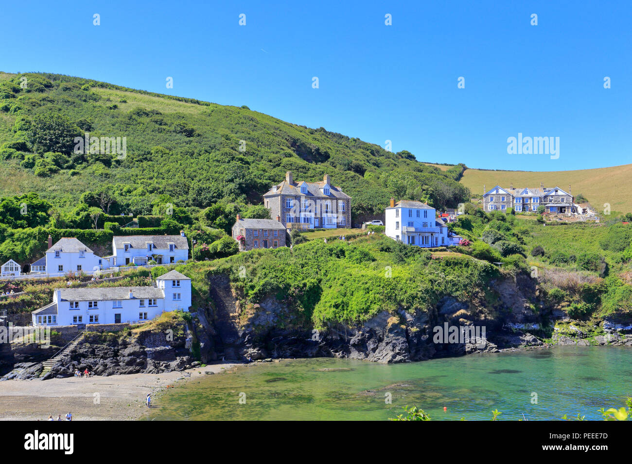 Port Port Issac et Roscarrok Hill emplacement de la série ITV Doc Martin, Cornwall, England, UK. Banque D'Images