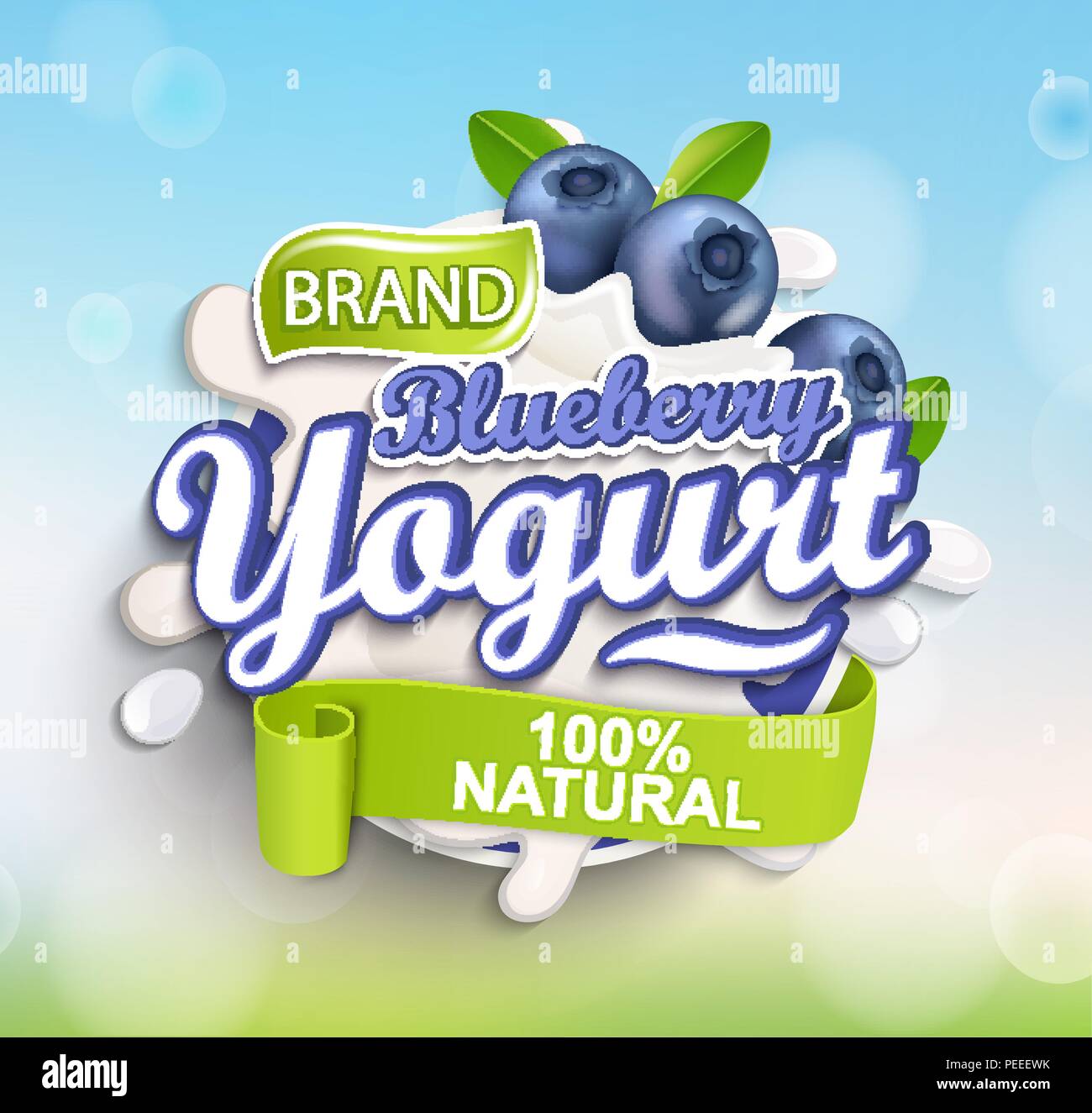 Yogourt aux bleuets frais et naturels label splash sur bokeh background pour votre marque, logo, modèle, étiquette, emblème de l'épicerie, magasins de l'agriculture, l'emballage et la publicité. Vector illustration. Illustration de Vecteur