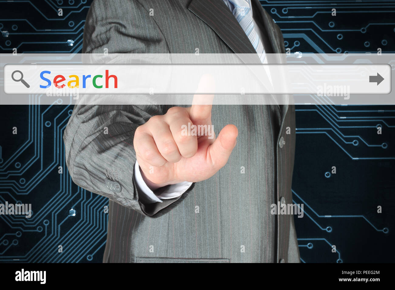 Businessman pushing virtual search bar avec recherche par couleur de fond numérique sur word Banque D'Images