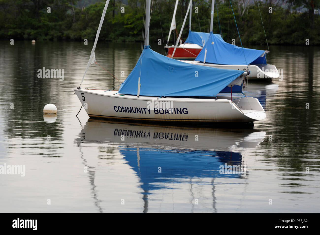 Nautique communautaire petit voilier amarré sur la Charles River, Boston, Massachusetts Banque D'Images