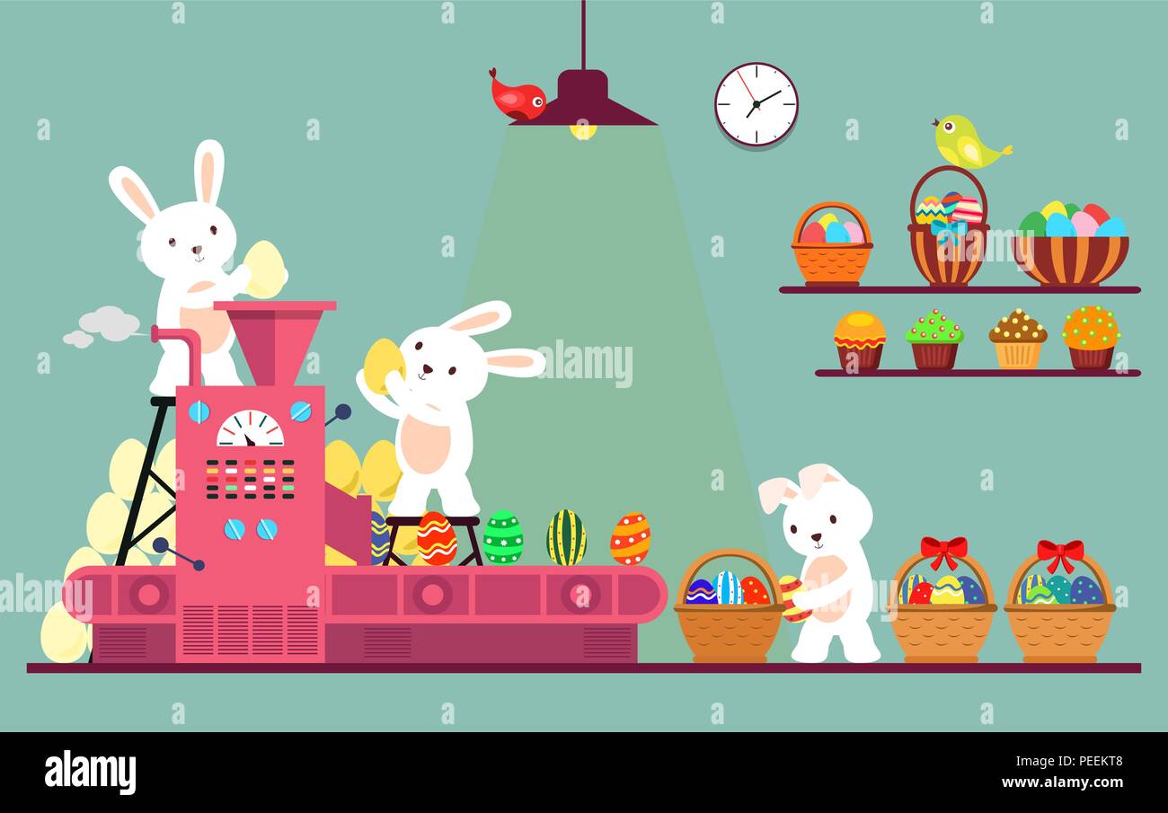 Ligne du convoyeur avec des lapins de Pâques peinture d'œufs. Maison de vacances bunny à ligne d'automatisation de l'emballage des oeufs dans les paniers pour Pâques, le lièvre à la fabrication de ceinture des cadeaux. Thème de printemps Illustration de Vecteur