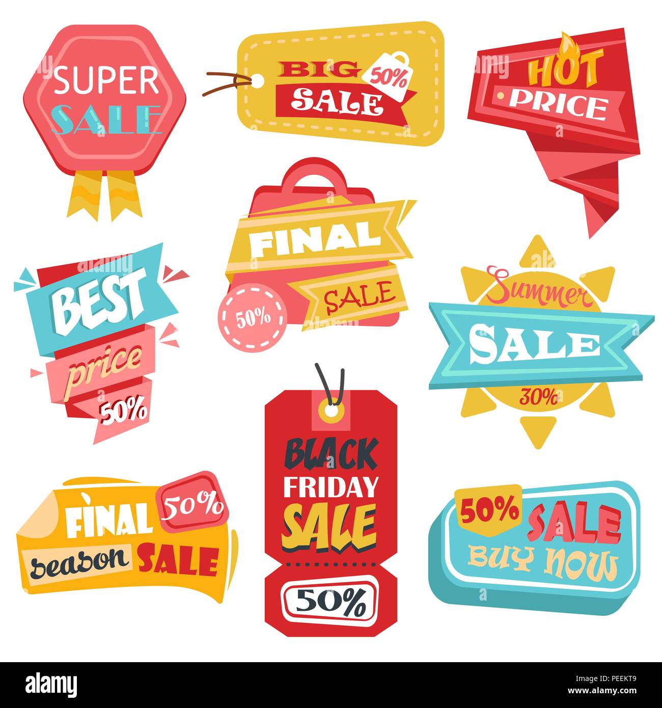 La vente des étiquettes avec des prix bas pour le vendredi noir, fermeture ou vente finale de promotion. Tags ou étiquettes de produits, bons de réduction, la promotion des autocollants. Commerce de détail et de fabrication, et du marché,thème Illustration de Vecteur