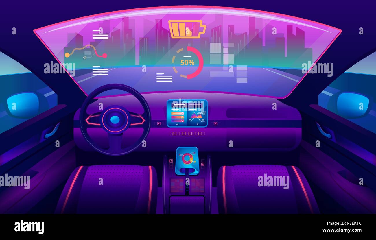 Salon de l'automobile ou voiture sans conducteur vue de l'intérieur. Auto-futuriste conduisant le véhicule à la route vers la ville. Essai auto auto avec carte et batterie, smart. Sous-thème d'entraînement, pilote automatique Illustration de Vecteur