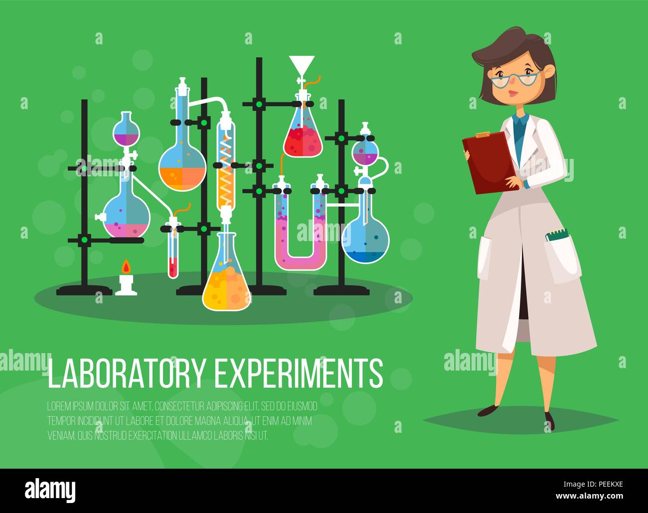 Femme chimiste chercheur scientifique ou biologique femme, lady enseignant au laboratoire de classe près de verrerie fioles ou tubes à essai avec liquide bouillant sur le feu. L'expérimentation et la recherche, l'étude et la science, pharmacologie Illustration de Vecteur