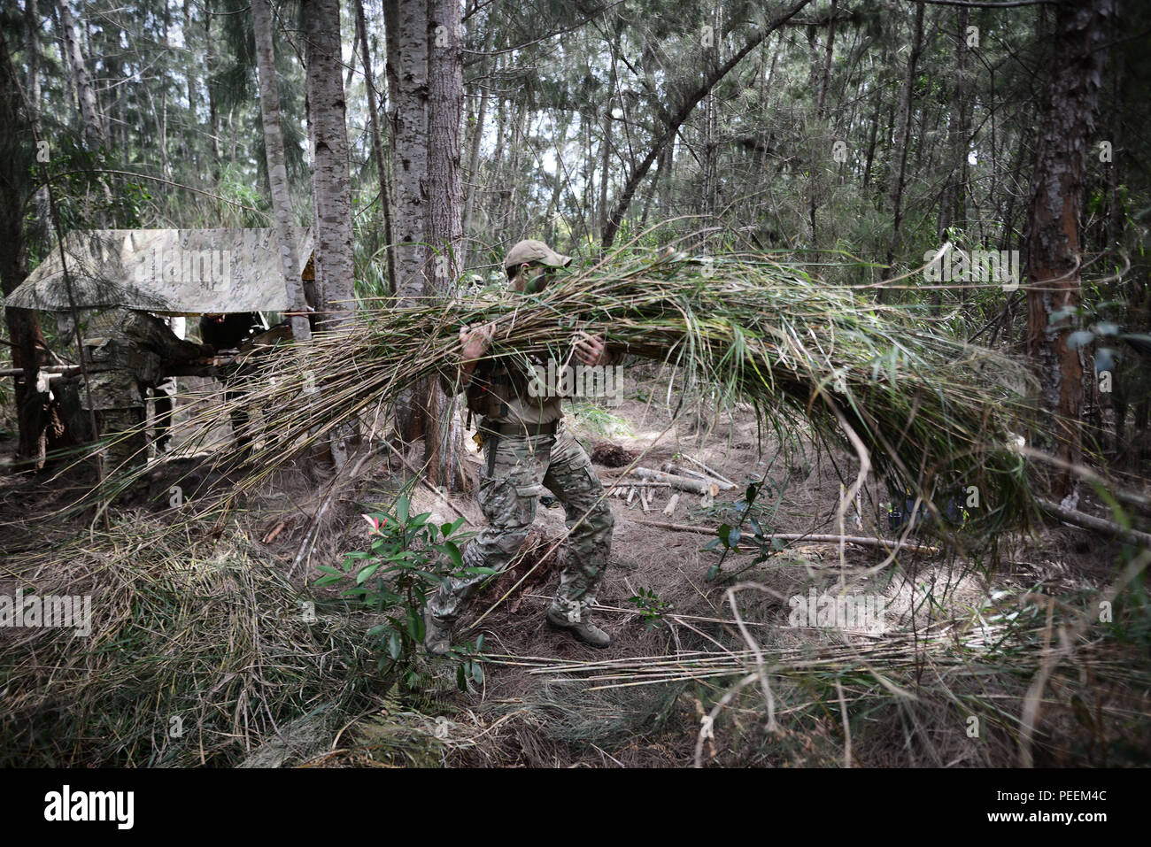 Ian Senior Airman Kuhn, un SERE (Survie, évasion, résistance et échappement) avec l'instructeur de sauvetage 103e Escadron, montre comment construire un abri caché au cours d'un combat et de l'eau au cours de formation de survie Homestead Air Reserve Base, en Floride, le 20 janvier 2016. Au cours de cette formation, les membres d'équipage acquis une formation de recyclage sur l'utilisation de leurs radios d'urgence, mouvements tactiques sur un terrain difficile, comment construire des abris, des façons de faire un feu et méthodes pour échapper à l'ennemi. (U.S. Air National Guard / Staff Sgt. Christopher S. Muncy / relâché) Banque D'Images