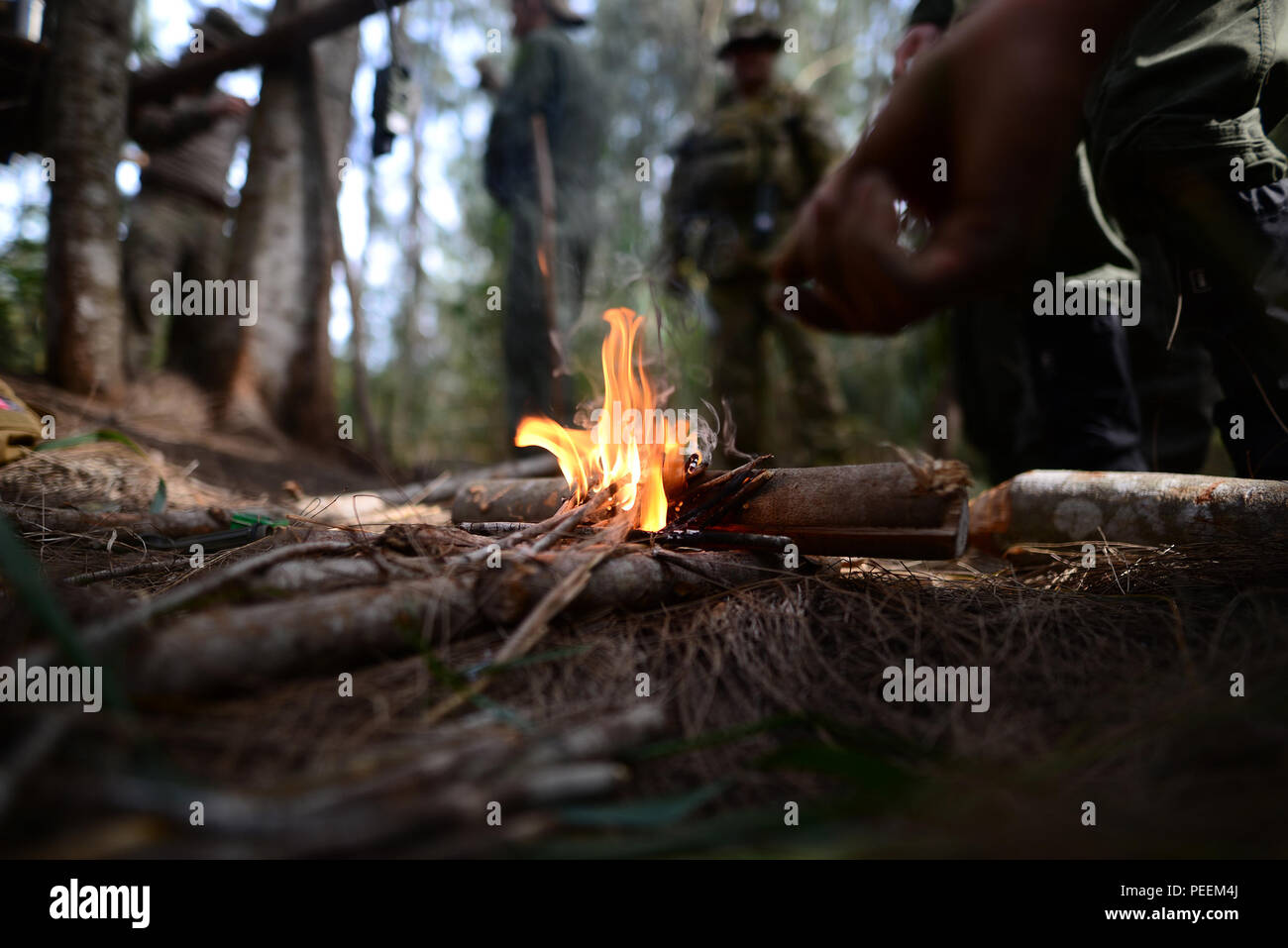 Les membres de l'équipage du 101e Escadron de sauvetage construire un petit incendie au cours d'un combat et de l'eau au cours de formation de survie Homestead Air Reserve Base, en Floride, le 20 janvier 2016. Au cours de cette formation, les membres d'équipage acquis une formation de recyclage sur l'utilisation de leurs radios d'urgence, mouvements tactiques sur un terrain difficile, comment construire des abris, des façons de faire un feu et méthodes pour échapper à l'ennemi. (U.S. Air National Guard / Staff Sgt. Christopher S. Muncy / relâché) Banque D'Images