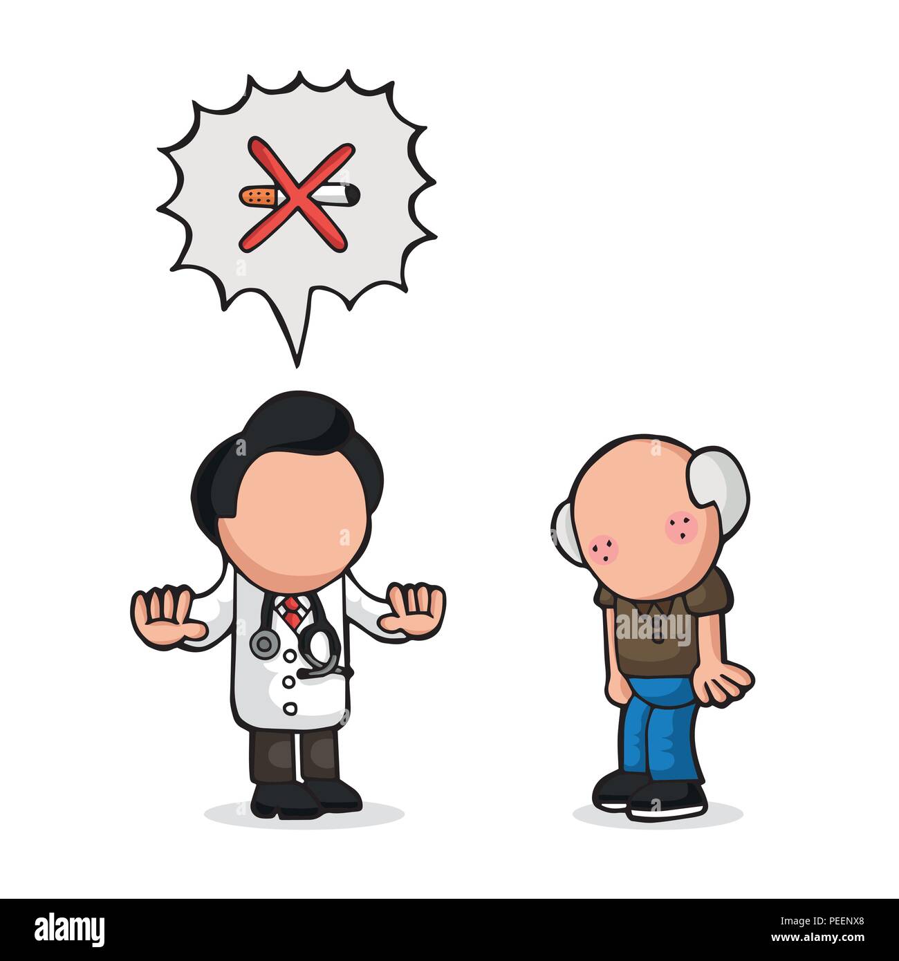 Vector hand-drawn cartoon illustration de médecin patient âgé de dire d'arrêter de fumer la cigarette. Illustration de Vecteur
