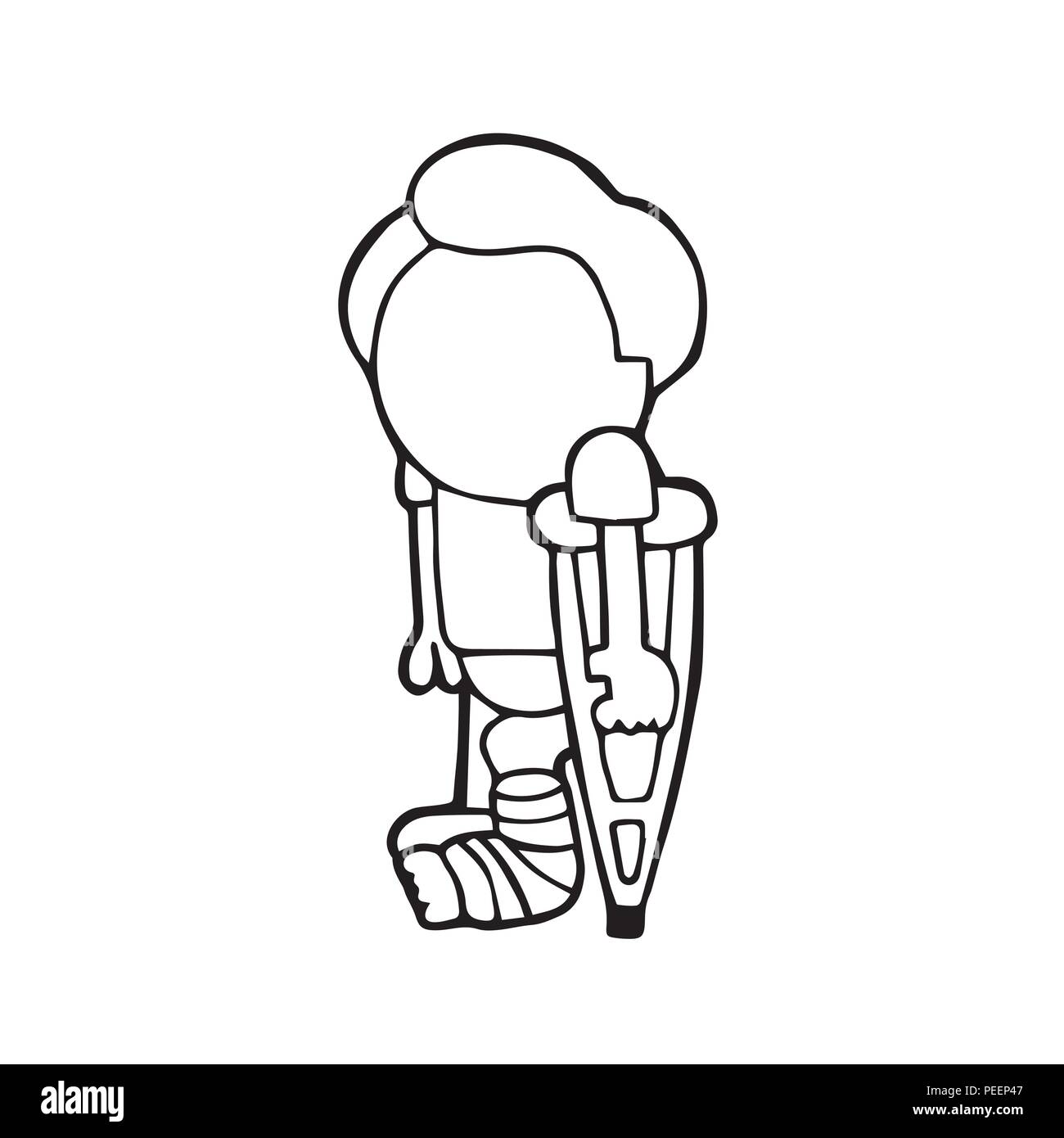 Vector hand-drawn cartoon illustration de l'homme debout avec une jambe dans la distribution des béquilles. Illustration de Vecteur