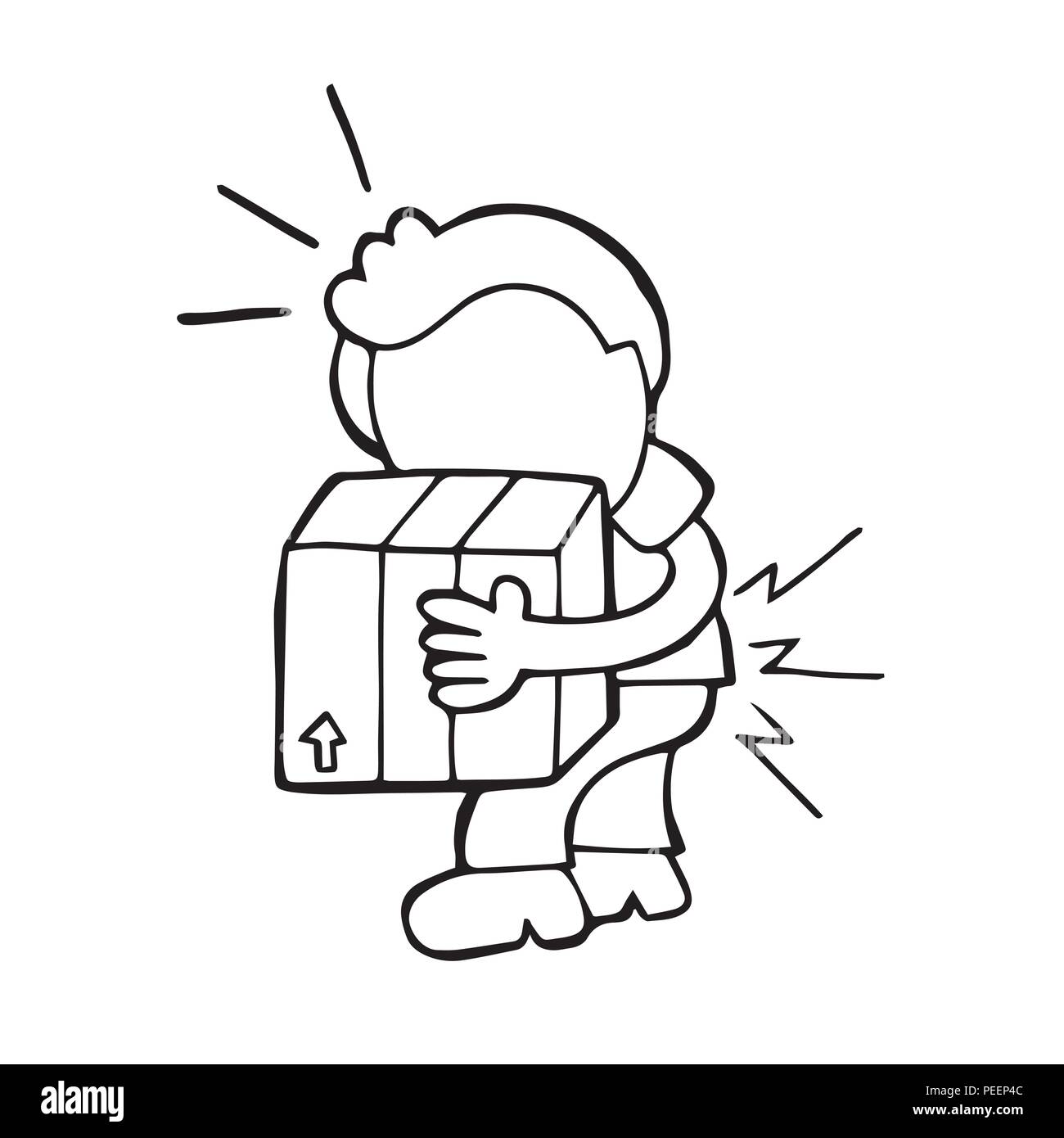 Vector hand-drawn cartoon illustration de l'homme marchant portant de lourdes fort et obtenir de la douleur de dos. Illustration de Vecteur