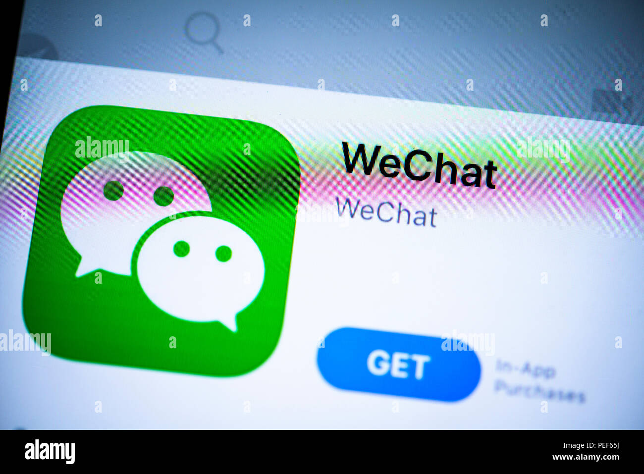 WeChat App sur l'App Store d'Apple, le chinois Instant messenger, réseau social, icône de l'application, iPhone, iOS, smartphone, l'affichage Banque D'Images